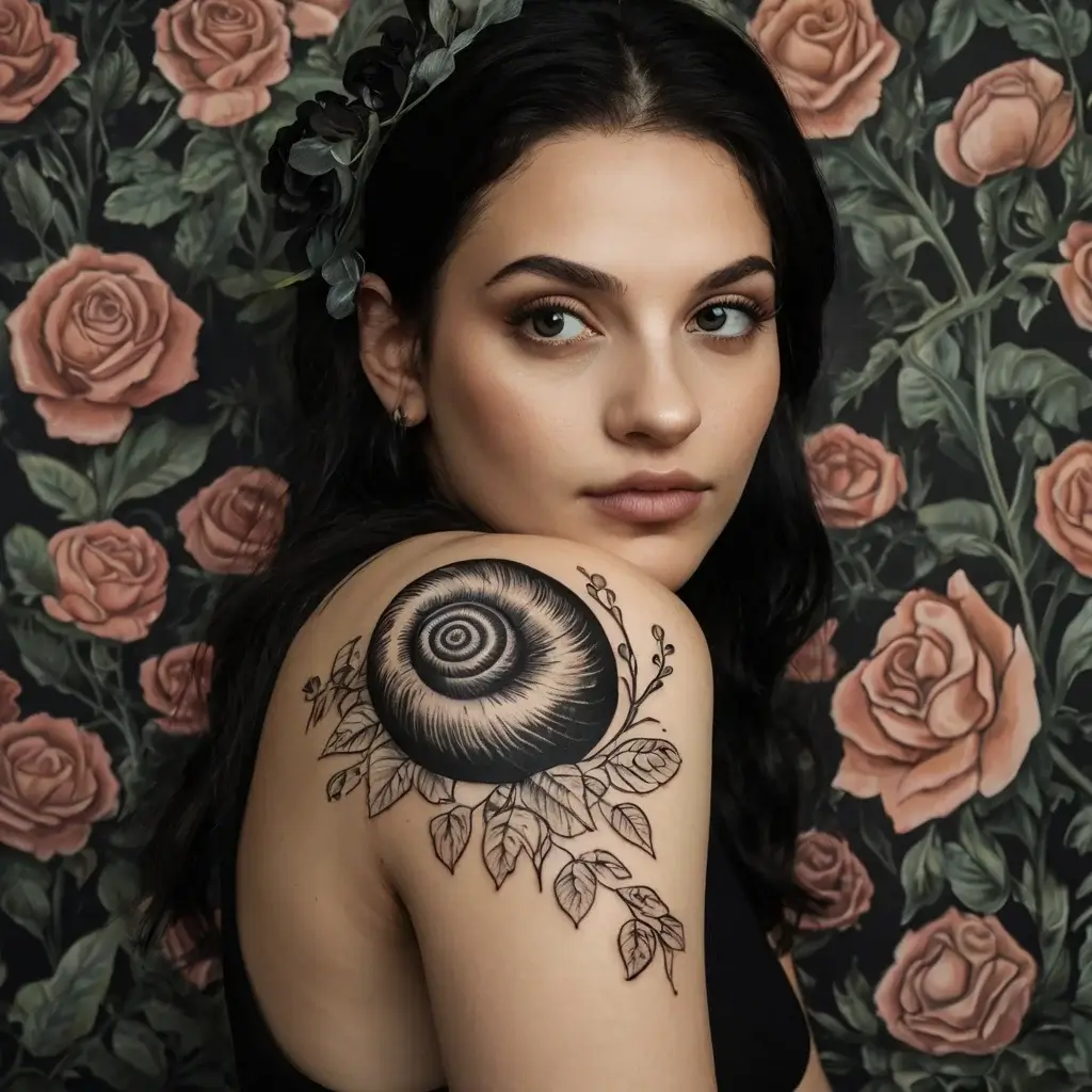 Tattoo of a swirling spiral shell surrounded by delicate leaves on a woman's shoulder, set against a floral background.