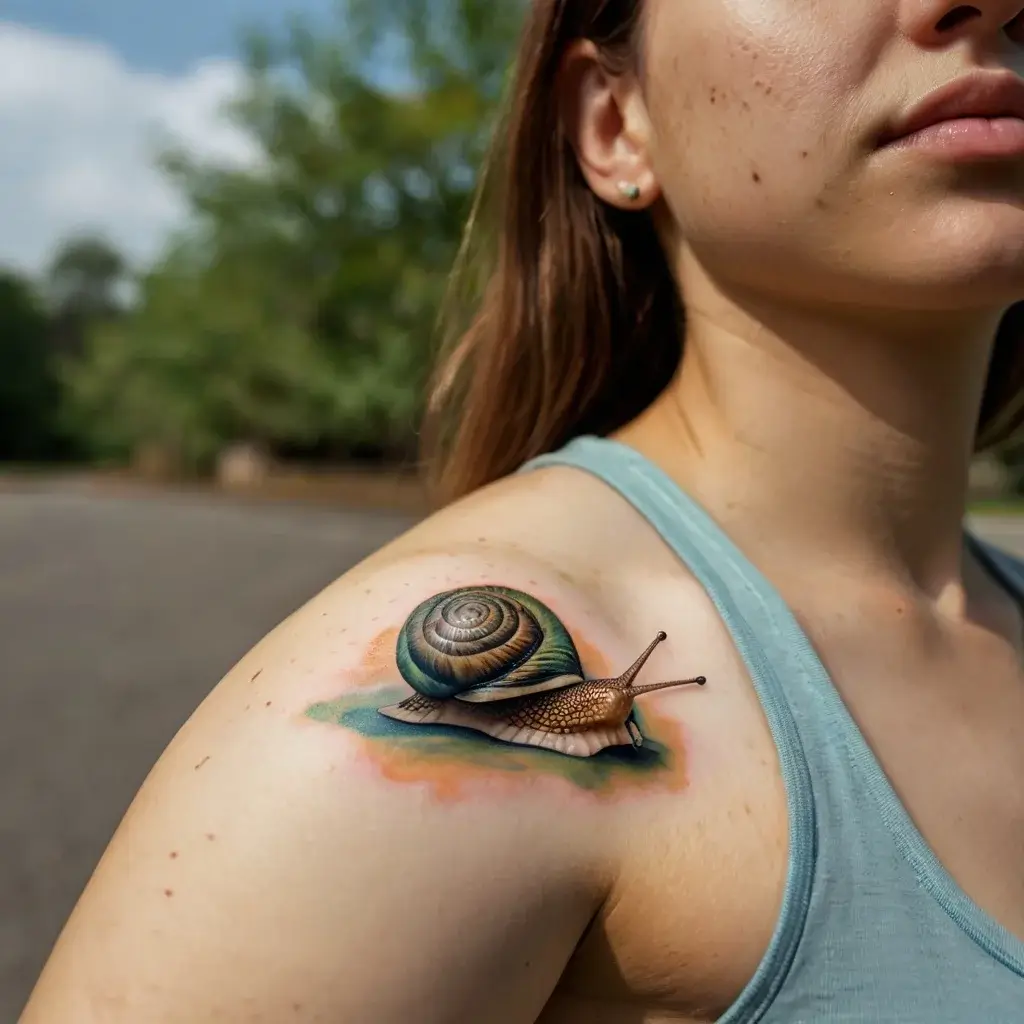 Realistic snail tattoo on shoulder, with detailed shell and vibrant colors, creating a 3D effect on the skin.