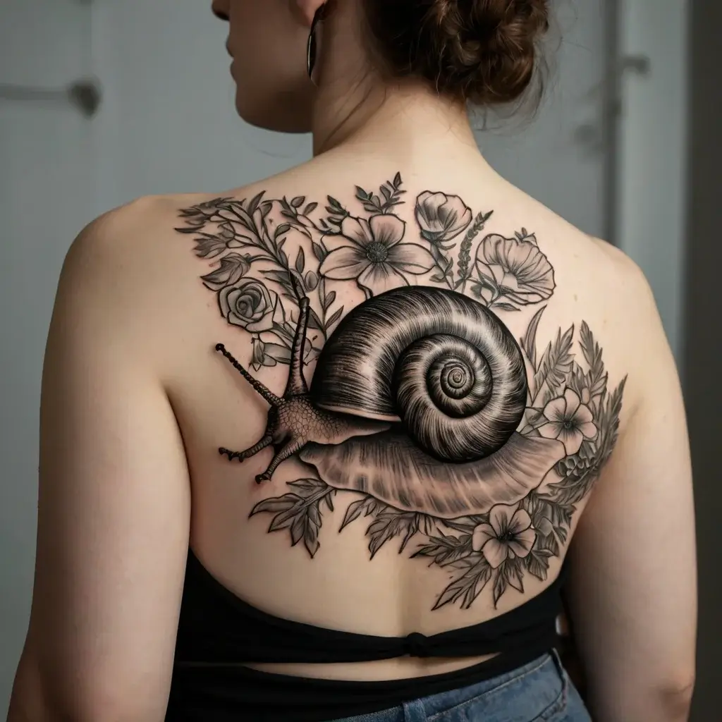 Detailed tattoo of a snail on a bed of intricate flowers and leaves, covering the upper back with delicate shading.