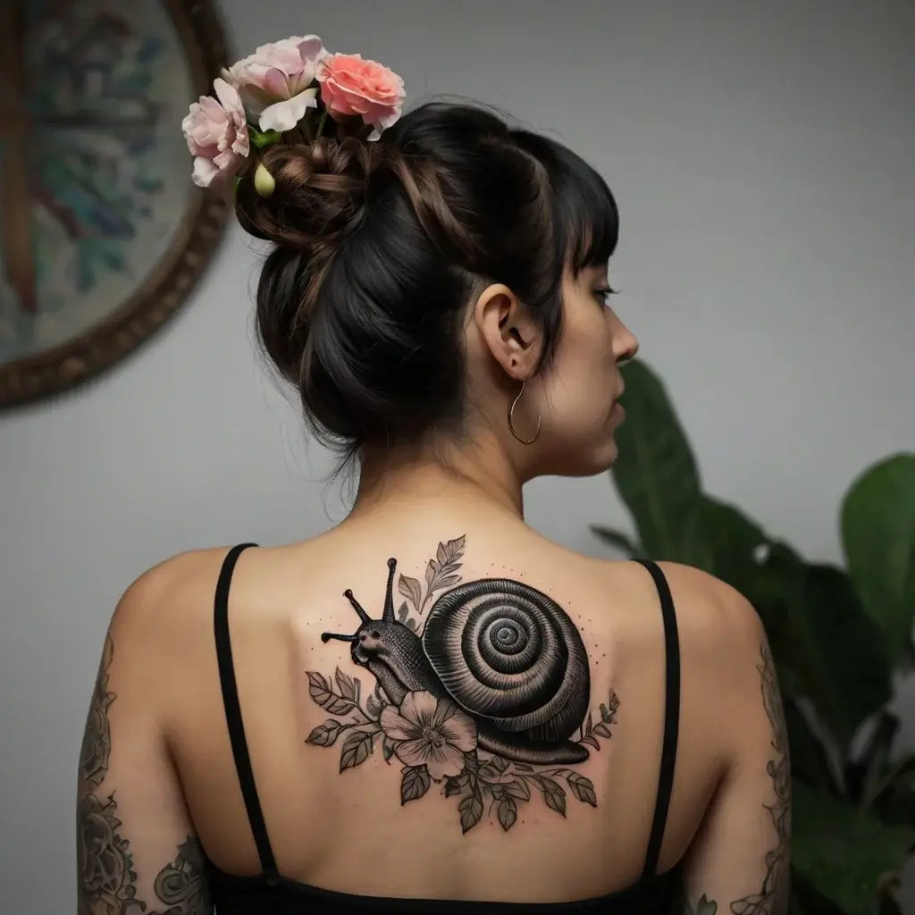 Tattoo of a detailed snail with a spiral shell on the upper back, surrounded by blooming flowers and leaves.