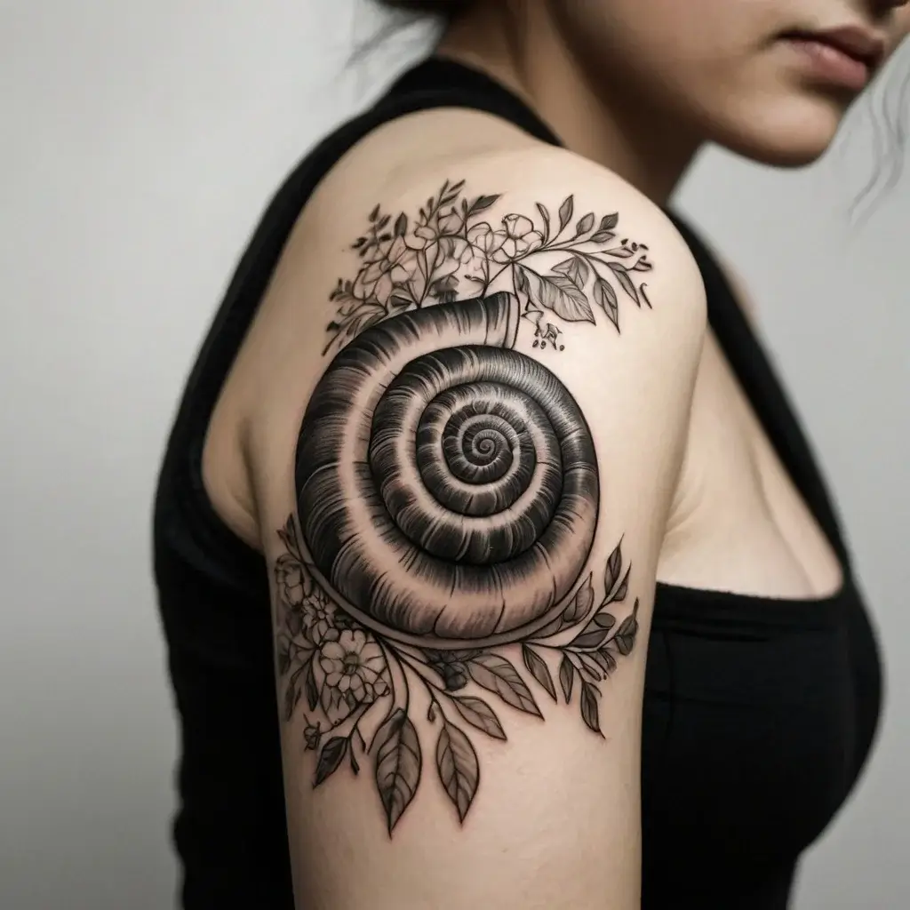 Detailed spiral shell tattoo with delicate leaves and flowers, elegantly inked on upper arm for a natural look.