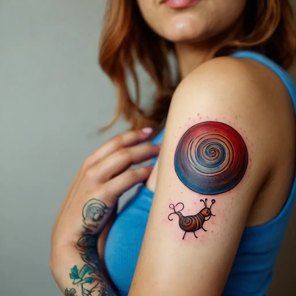 Tattoo of a vibrant spiral galaxy above a whimsical, stylized snail on the upper arm.