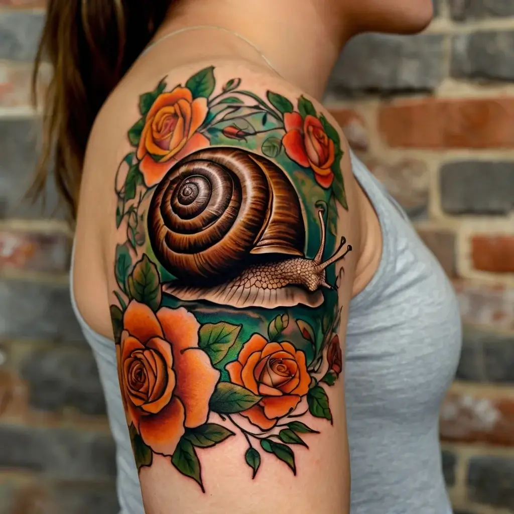 Tattoo of a detailed snail surrounded by vibrant orange roses and green leaves on the upper arm, symbolizing growth.