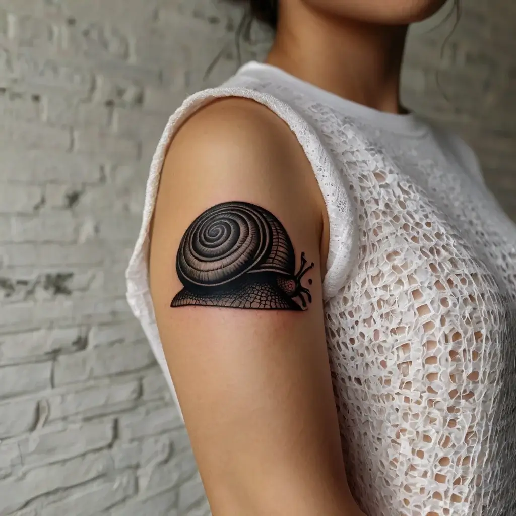 Tattoo of a realistic black and grey snail on an upper arm, featuring detailed shell spirals and textured skin.