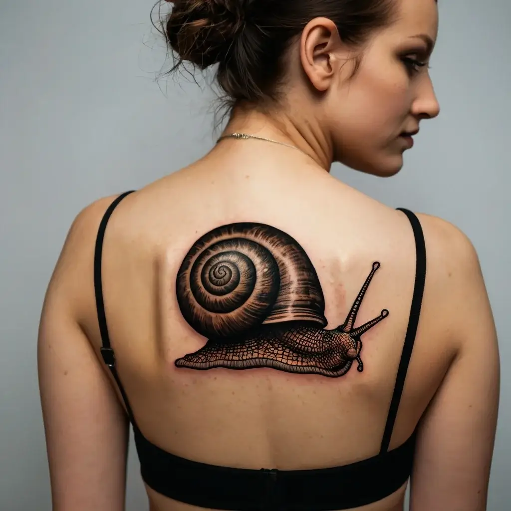 Realistic snail tattoo on shoulder, featuring a detailed shell and textured body in rich brown and black tones.