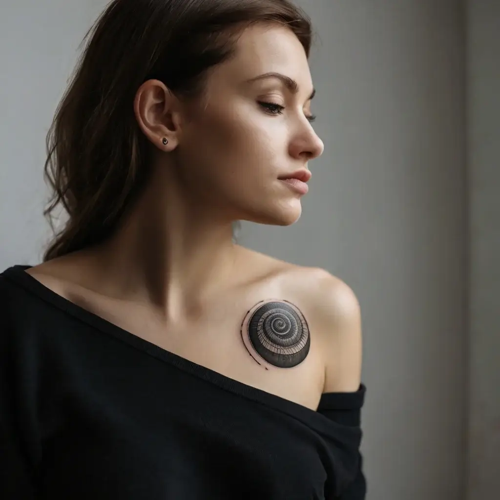 A spiraling geometric tattoo on the left shoulder, featuring intricate black and gray shading for a 3D effect.