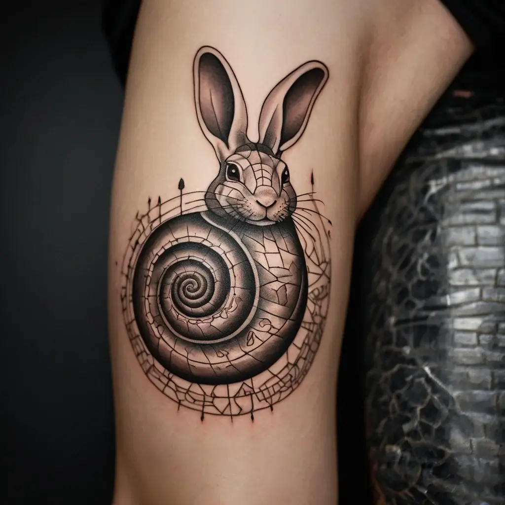 A surreal tattoo of a rabbit with a spiraling shell body, surrounded by geometric patterns, blending nature and fantasy.