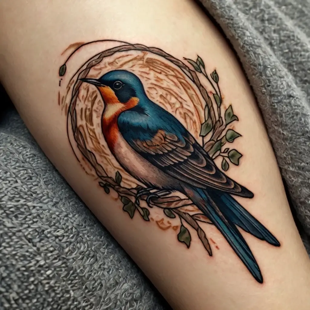 Tattoo of a vibrant blue and orange bird perched on branches in front of a wood ring background with green leaves.