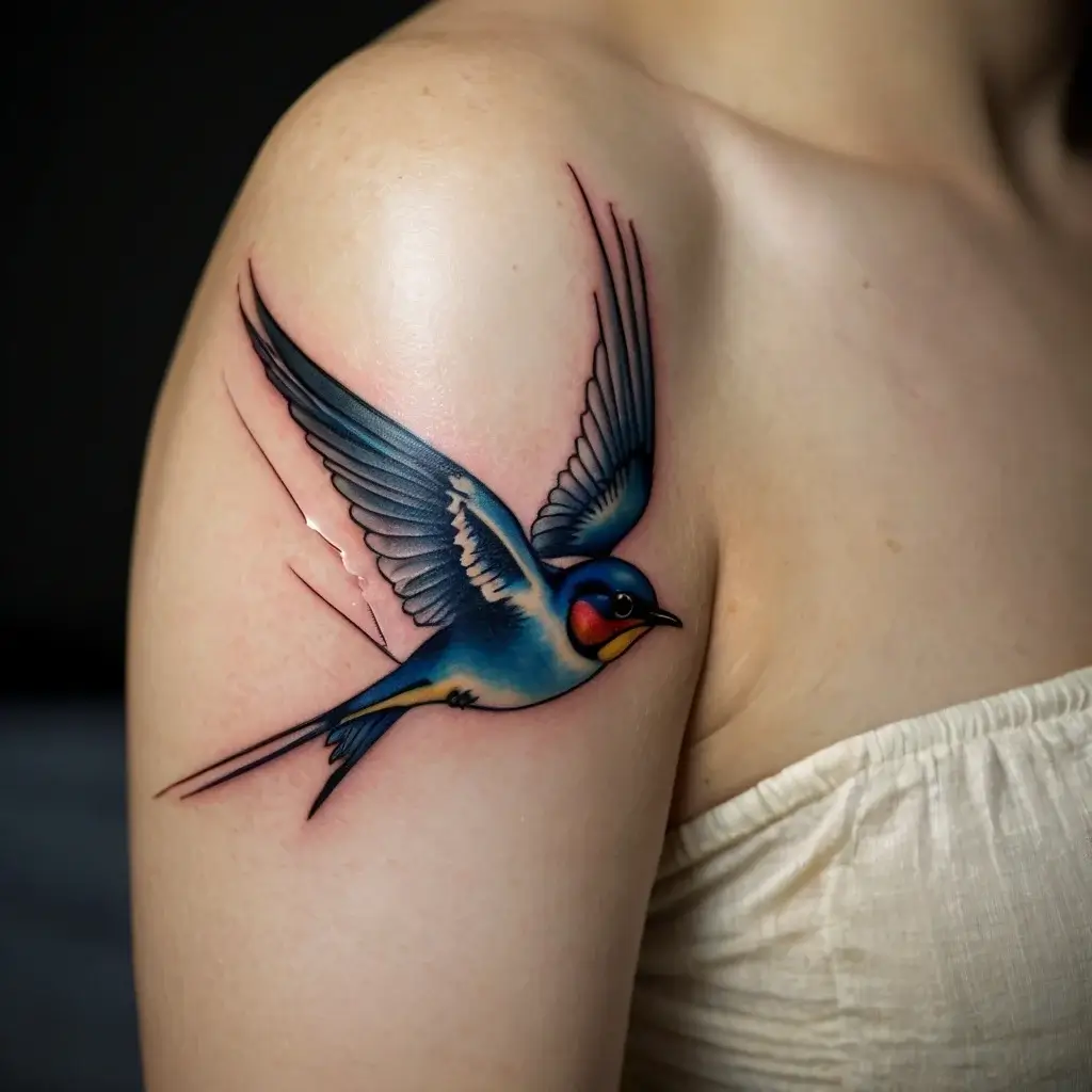 Colorful swallow tattoo on upper arm, showcasing vibrant blues and reds with dynamic lines to depict movement.