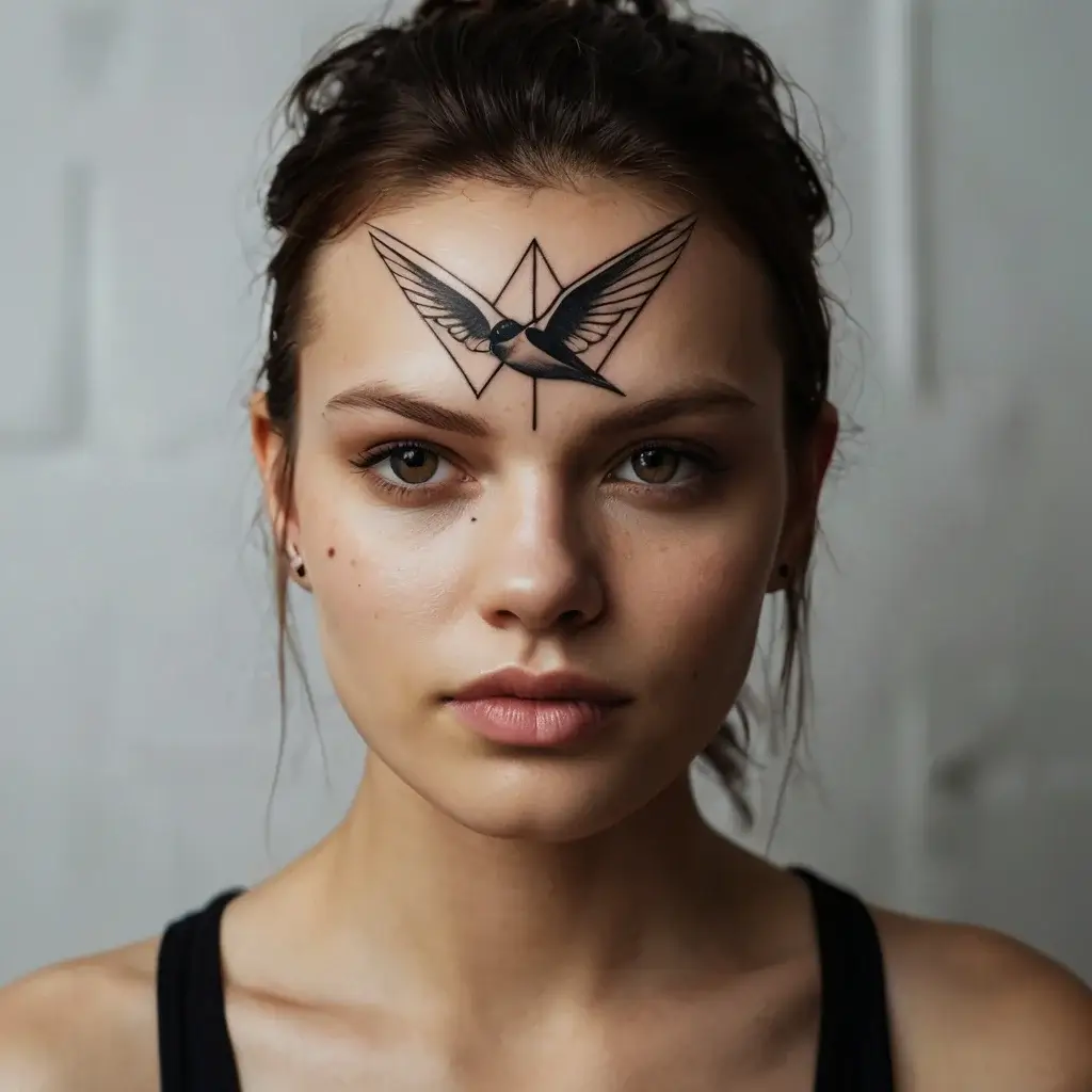 Geometric swallow tattoo on forehead, featuring clean lines and sharp angles, symbolizing freedom and perspective.