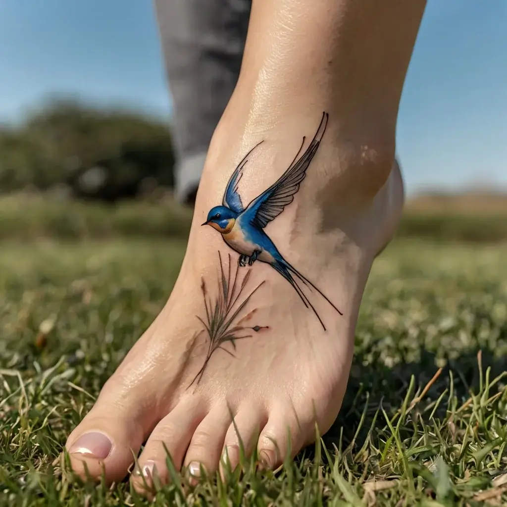 Realistic tattoo of a vibrant blue swallow with extended wings, positioned gracefully on the foot amidst subtle plant details.