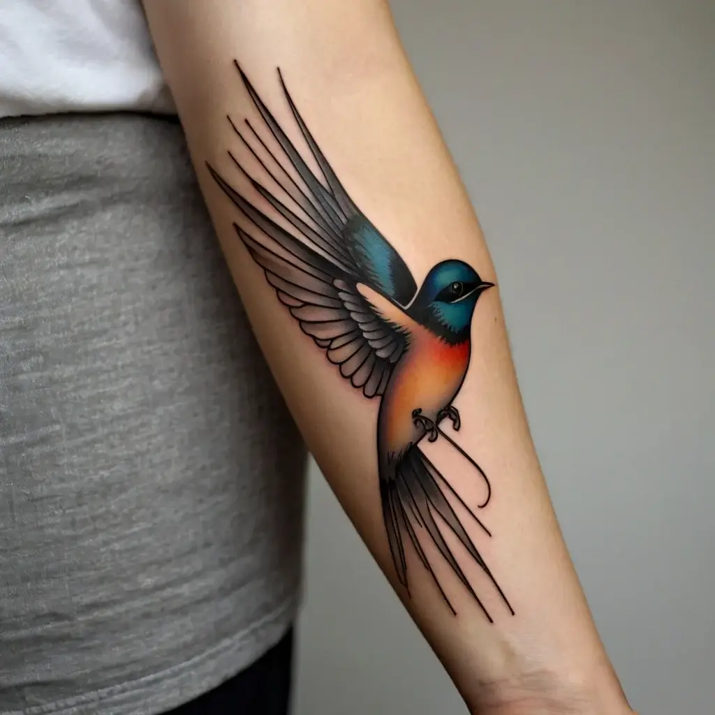 Tattoo of a vibrant swallow in flight with blue and orange hues, elegantly detailed wings, and long, flowing tail feathers.