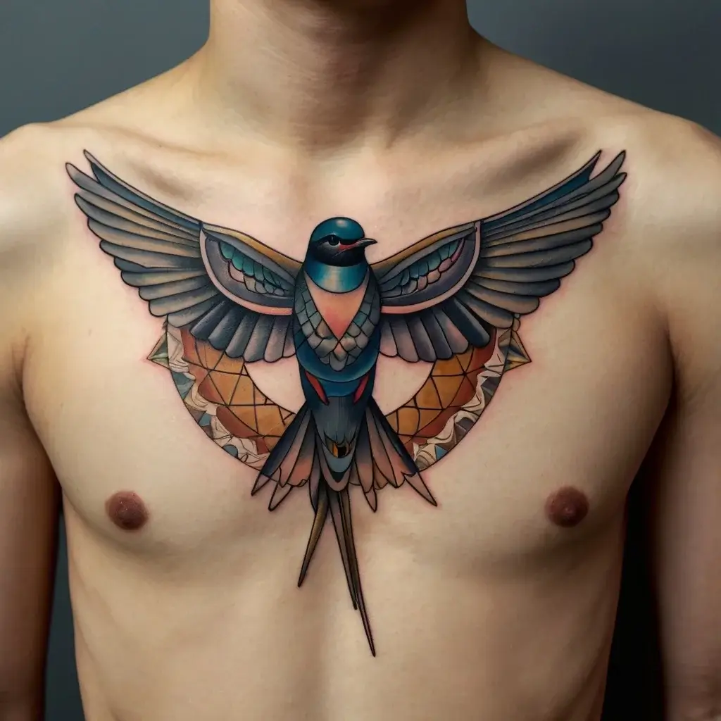 Abstract swallow tattoo on chest, with geometric patterns and bold colors, symbolizing freedom and guidance.