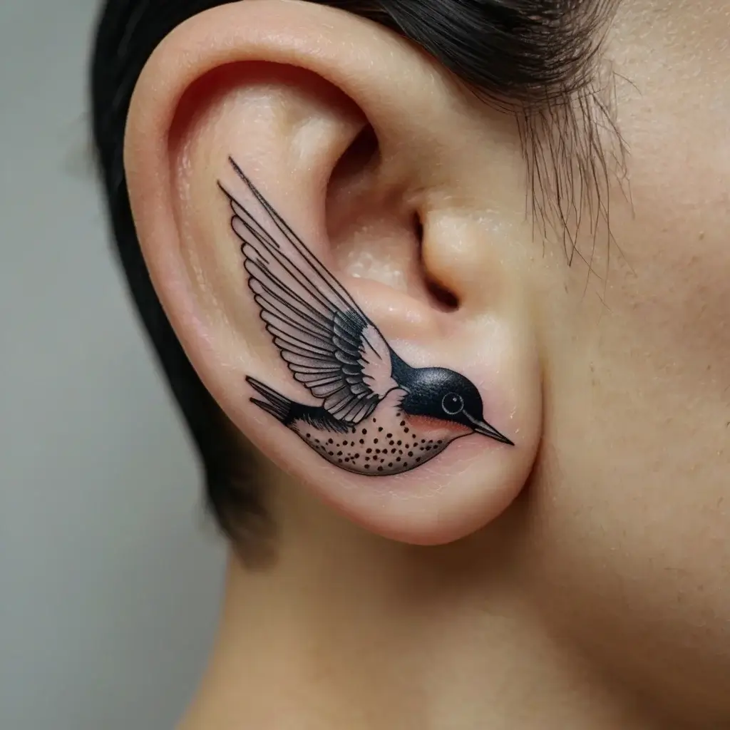 Tattoo of a small bird with detailed wings and speckled belly, artfully wrapped around the person's ear, creating a lifelike effect.