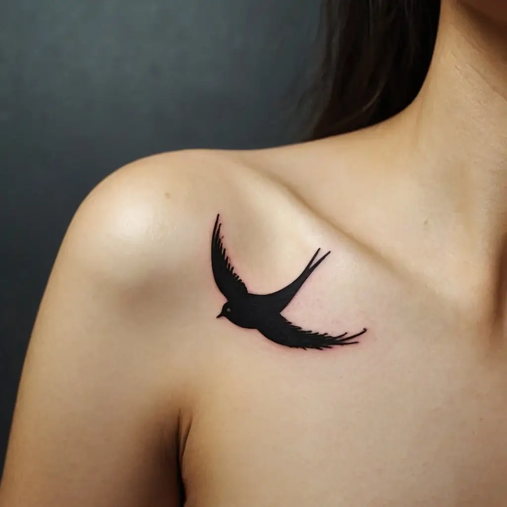 Tattoo of a minimalist black swallow bird in flight on a shoulder, symbolizing freedom and new beginnings.