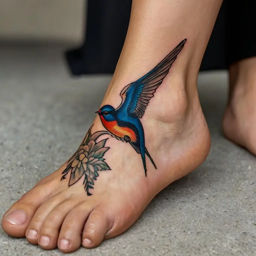 Tattoo: A vibrant swallow with blue and orange hues flies above a detailed green floral design on the foot.