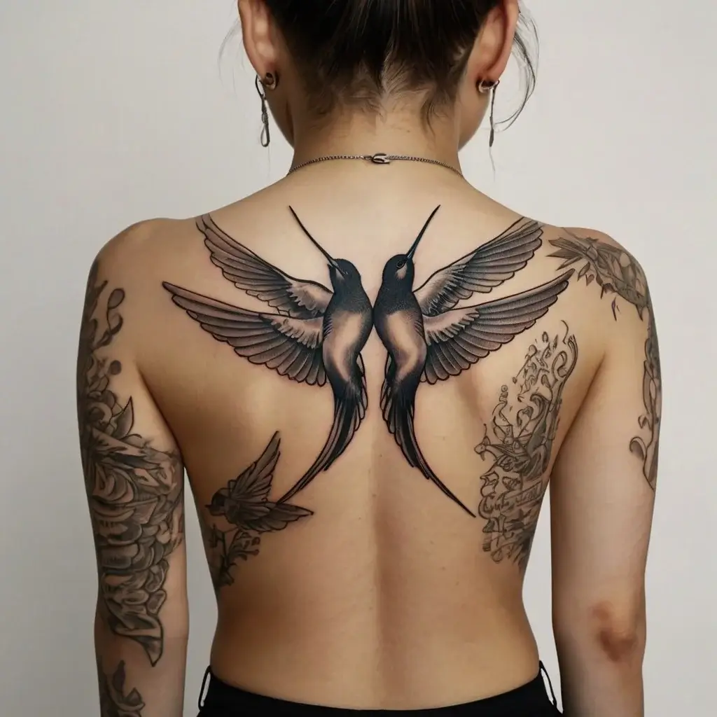 Tattoo of two elegant hummingbirds facing each other, wings spread wide, symmetrically placed on the upper back.