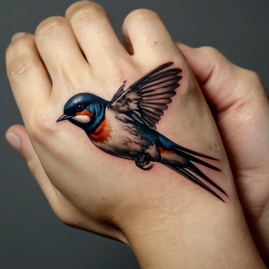 Realistic swallow tattoo on hand with vibrant blue, orange, and white hues, symbolizing freedom and journey.