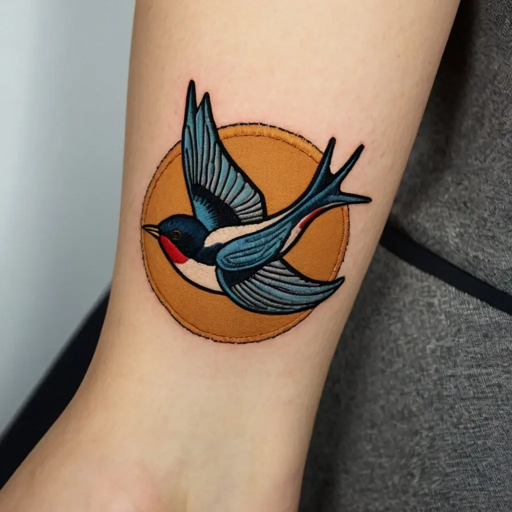 Tattoo of a detailed blue swallow with red throat in flight over a textured brown circle, symbolizing freedom and journey.