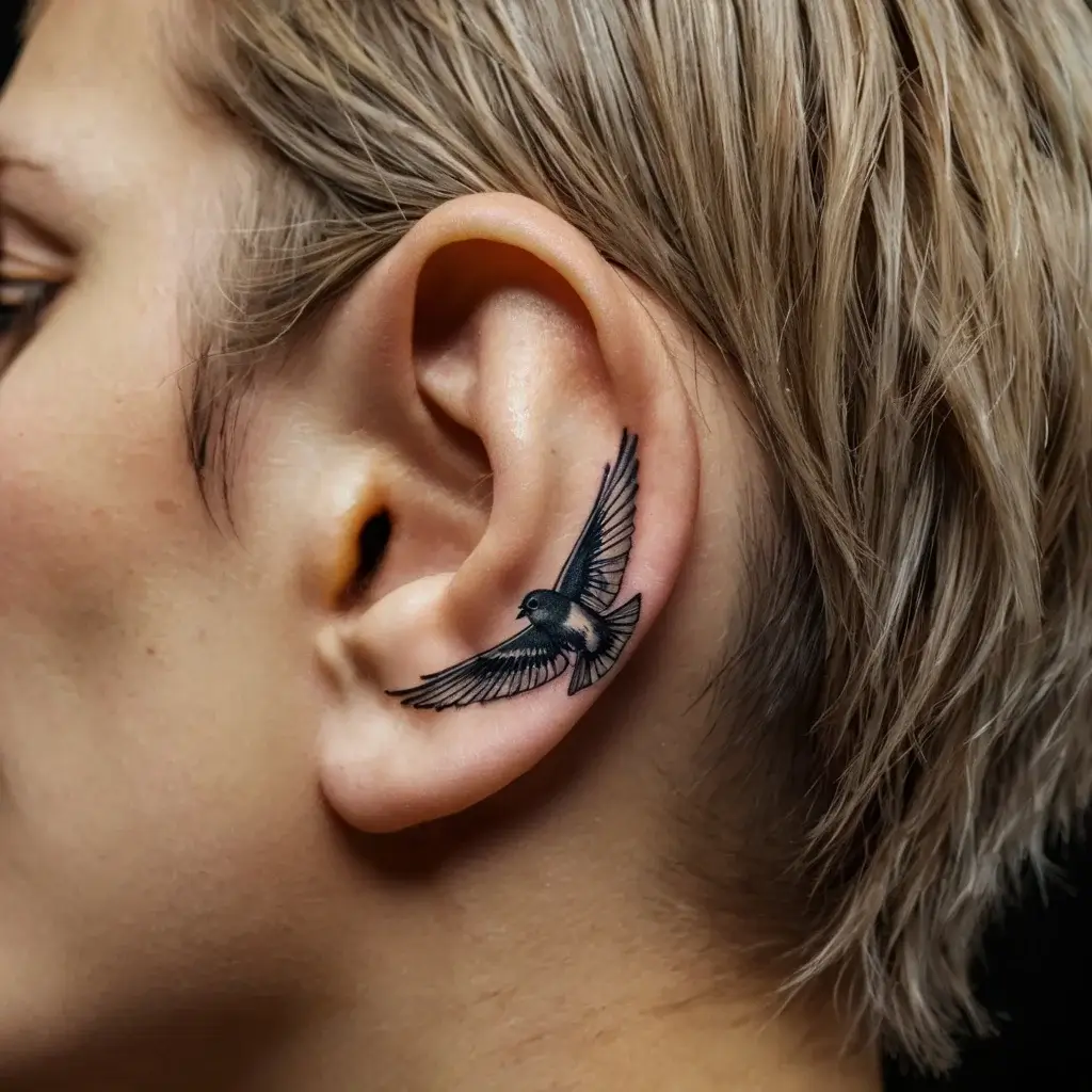 Minimalist tattoo of a bird in flight on the ear, symbolizing freedom and grace, with fine line details.