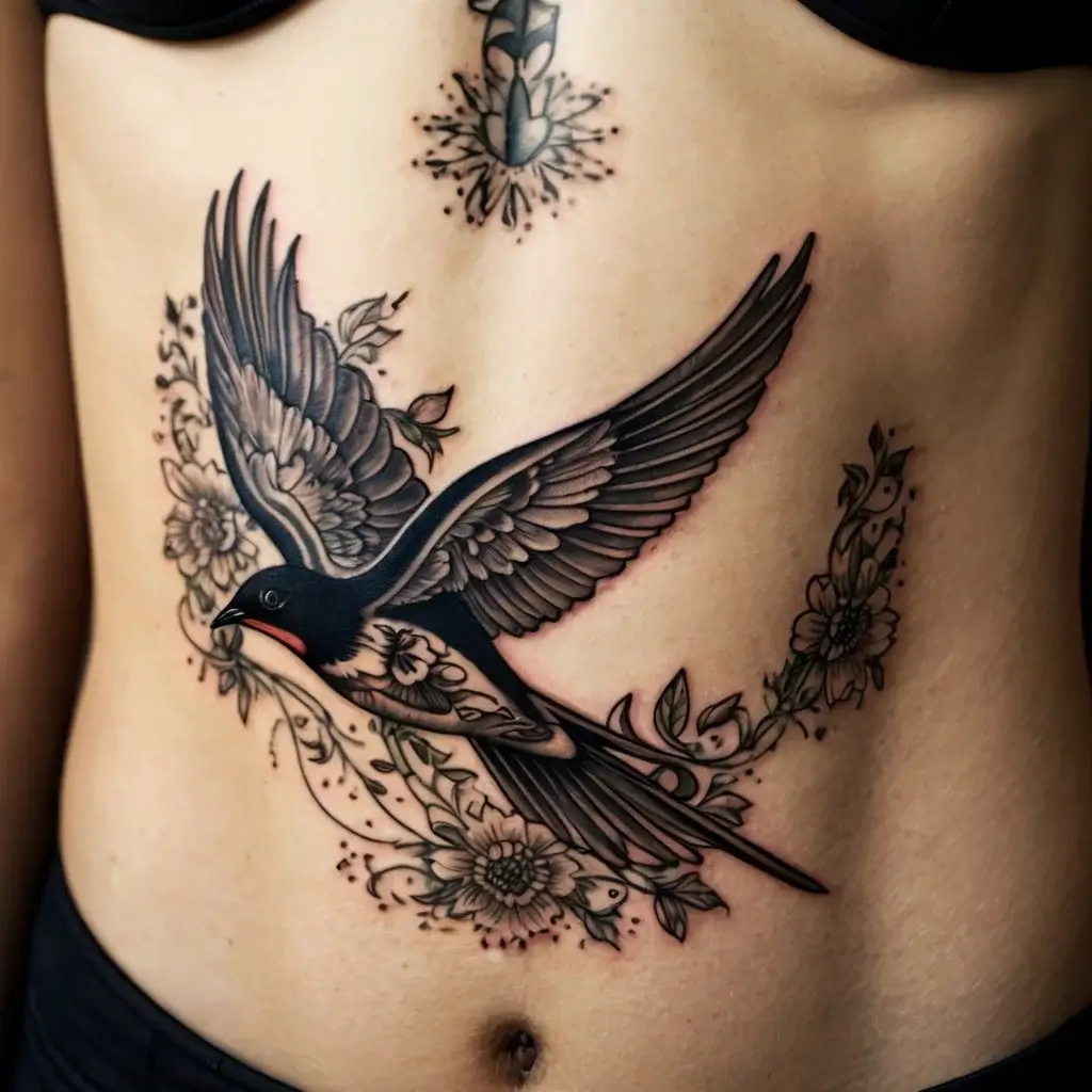 Tattoo of a swallow in flight, detailed in black and gray, surrounded by ornate floral and vine patterns across the abdomen.