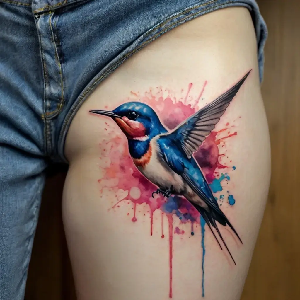 Watercolor swallow tattoo on thigh, vibrant blues and reds in dynamic splash design.