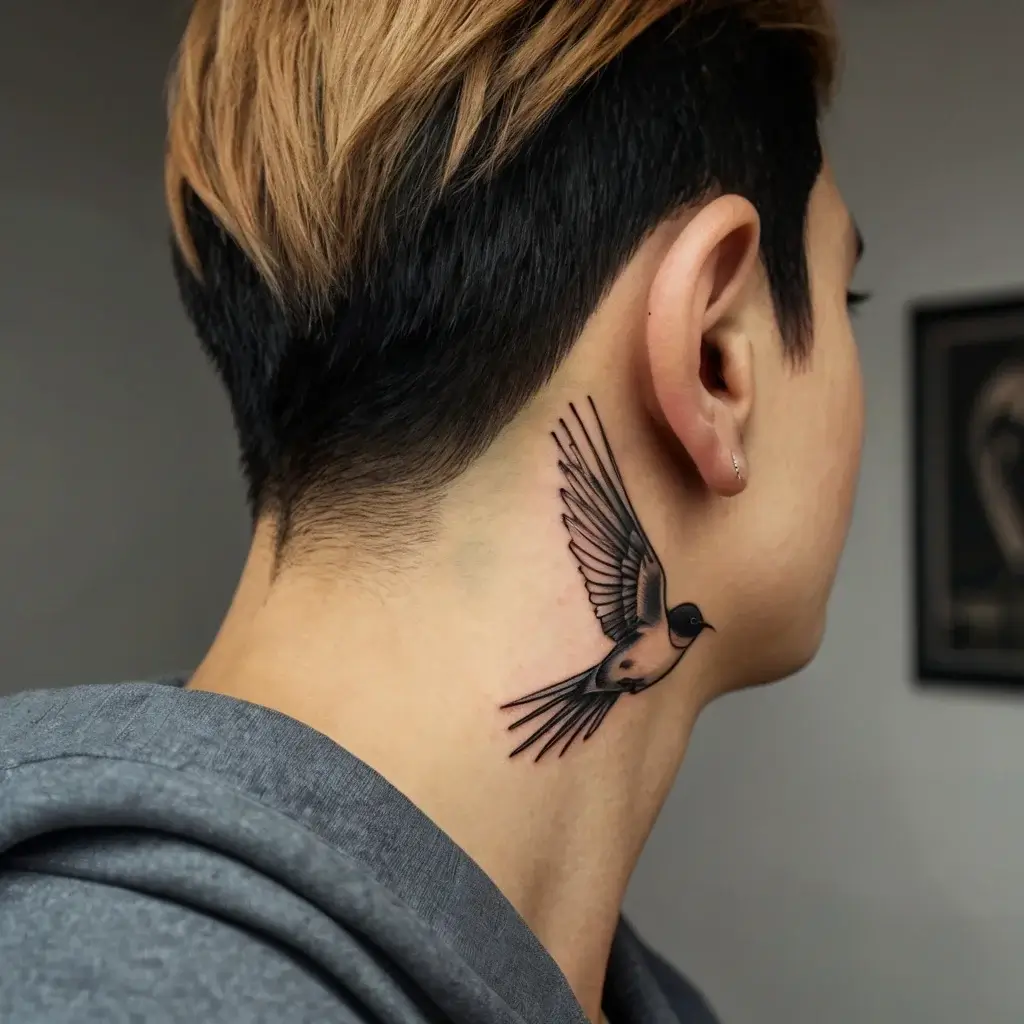 Neck tattoo of a swallow in flight, detailed with fine lines and shading, symbolizing freedom and new beginnings.