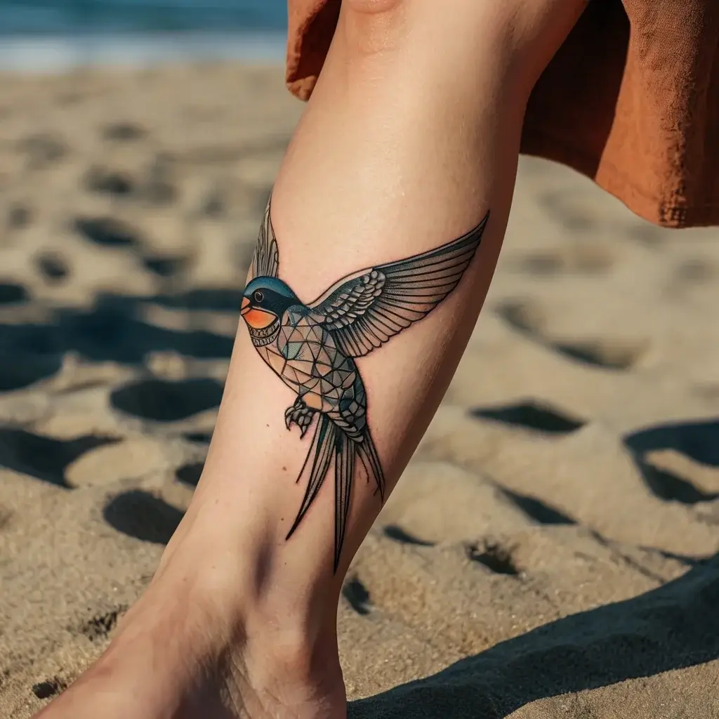 Geometric swallow tattoo on calf, featuring intricate patterns and bold colors, symbolizing freedom and adventure.