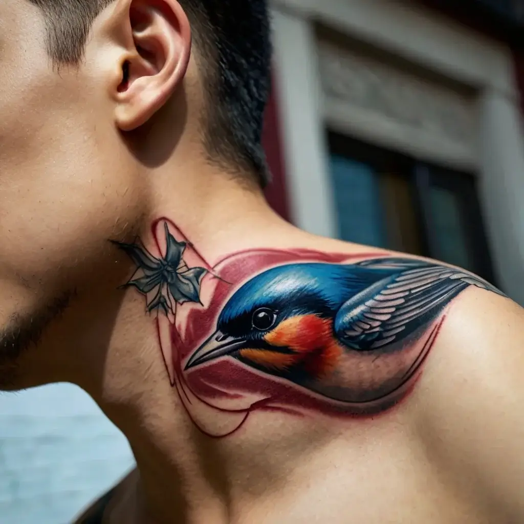 Vibrant tattoo of a blue and orange bird on the neck with white accents and a small dark flower near the ear.