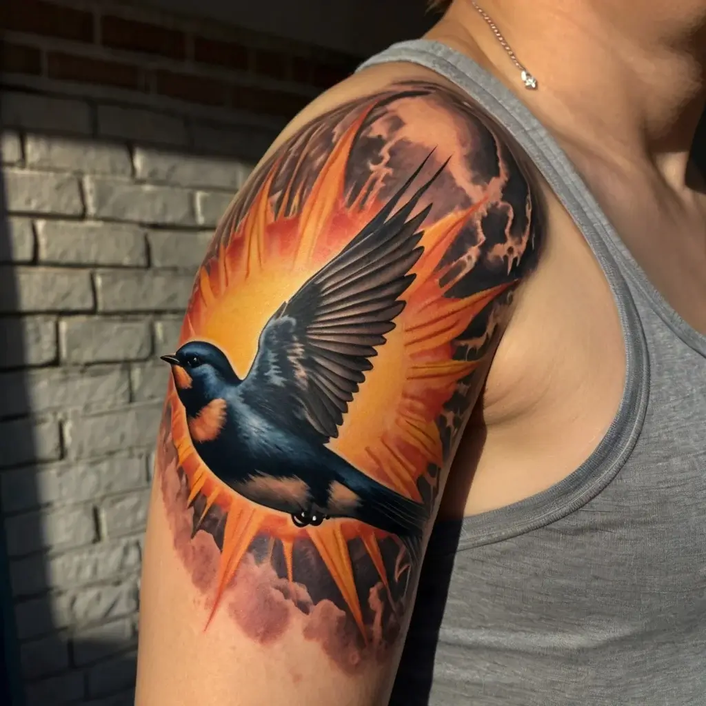 A vibrant tattoo of a soaring bird with dark wings against a fiery sunburst and swirling clouds on the shoulder.