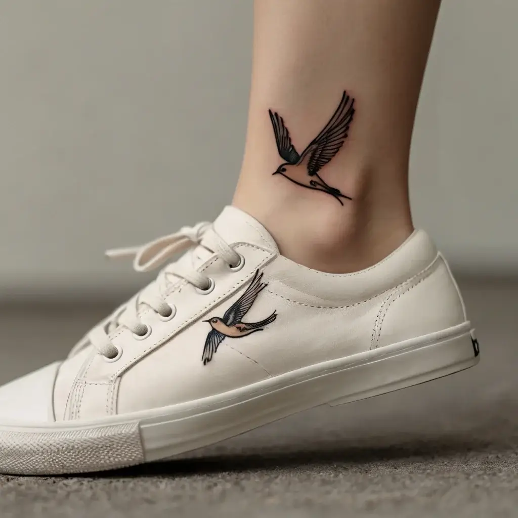 A small, elegant tattoo of a bird in flight on the ankle, mirroring a similar bird design on the shoe.