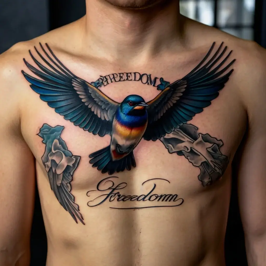 Chest tattoo of a colorful bird with outstretched wings and the word Freedom above, over roses and script.