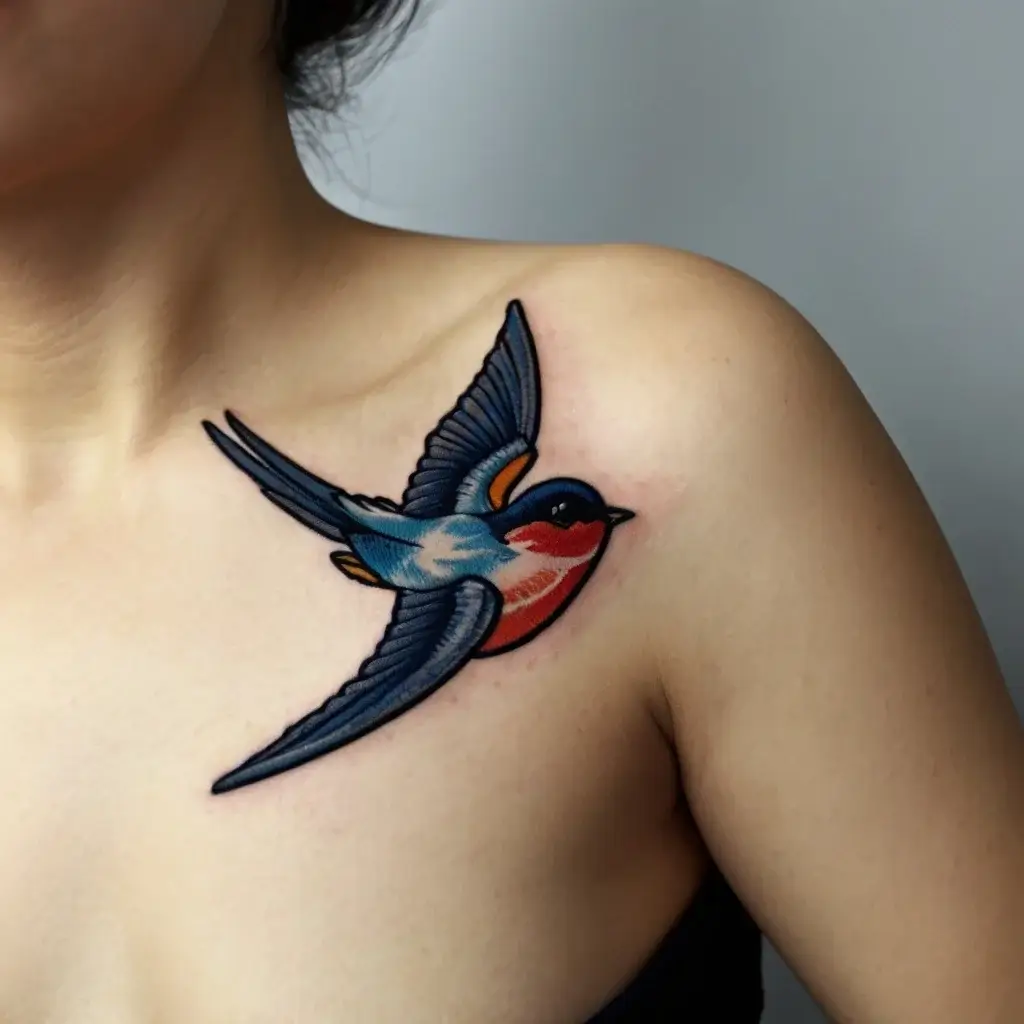 Bold swallow tattoo on shoulder: blue wings and back, red chest, symbolizing freedom and journey, outlined in black.