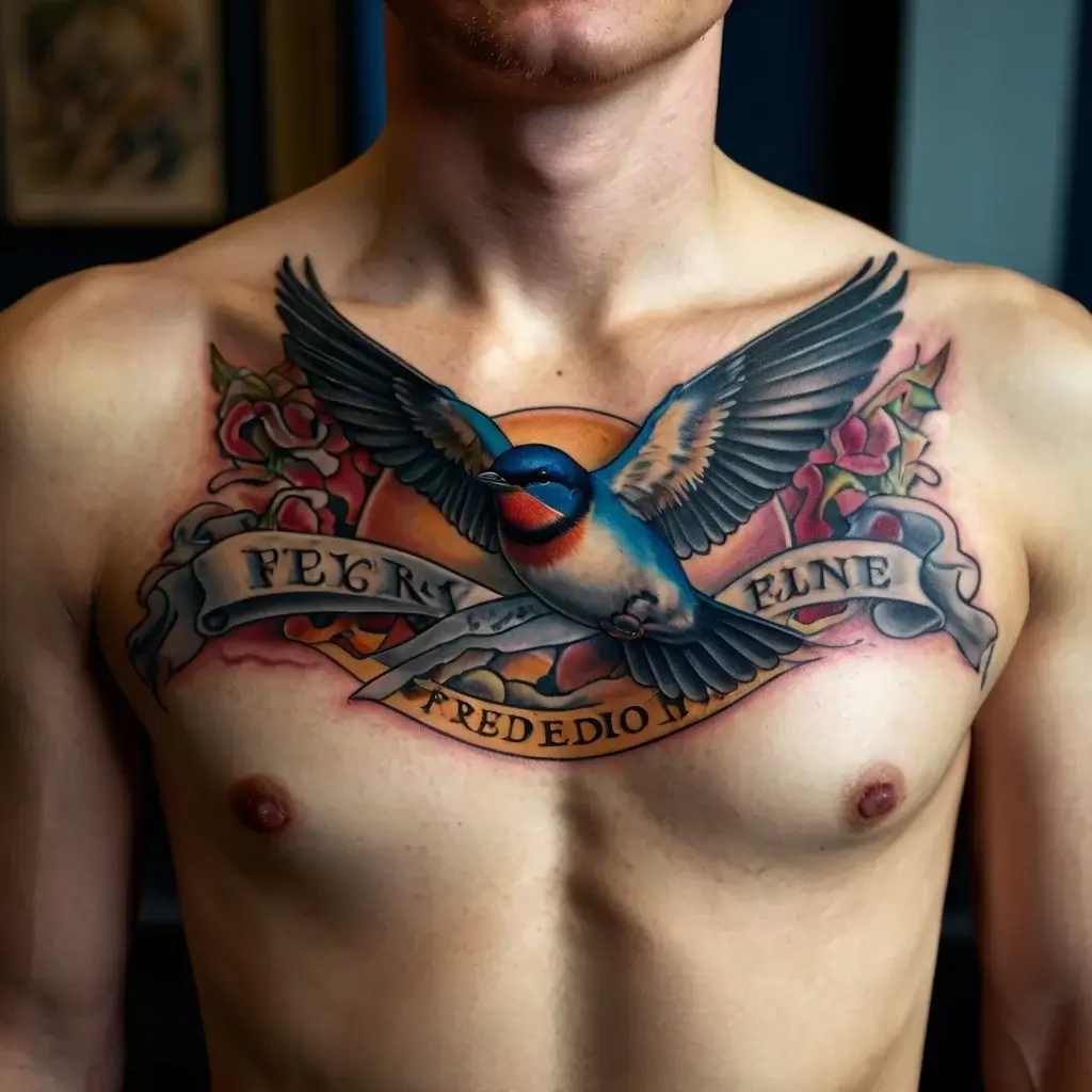 A vibrant swallow with spread wings over a chest, framed by roses and a banner, symbolizing freedom and love.