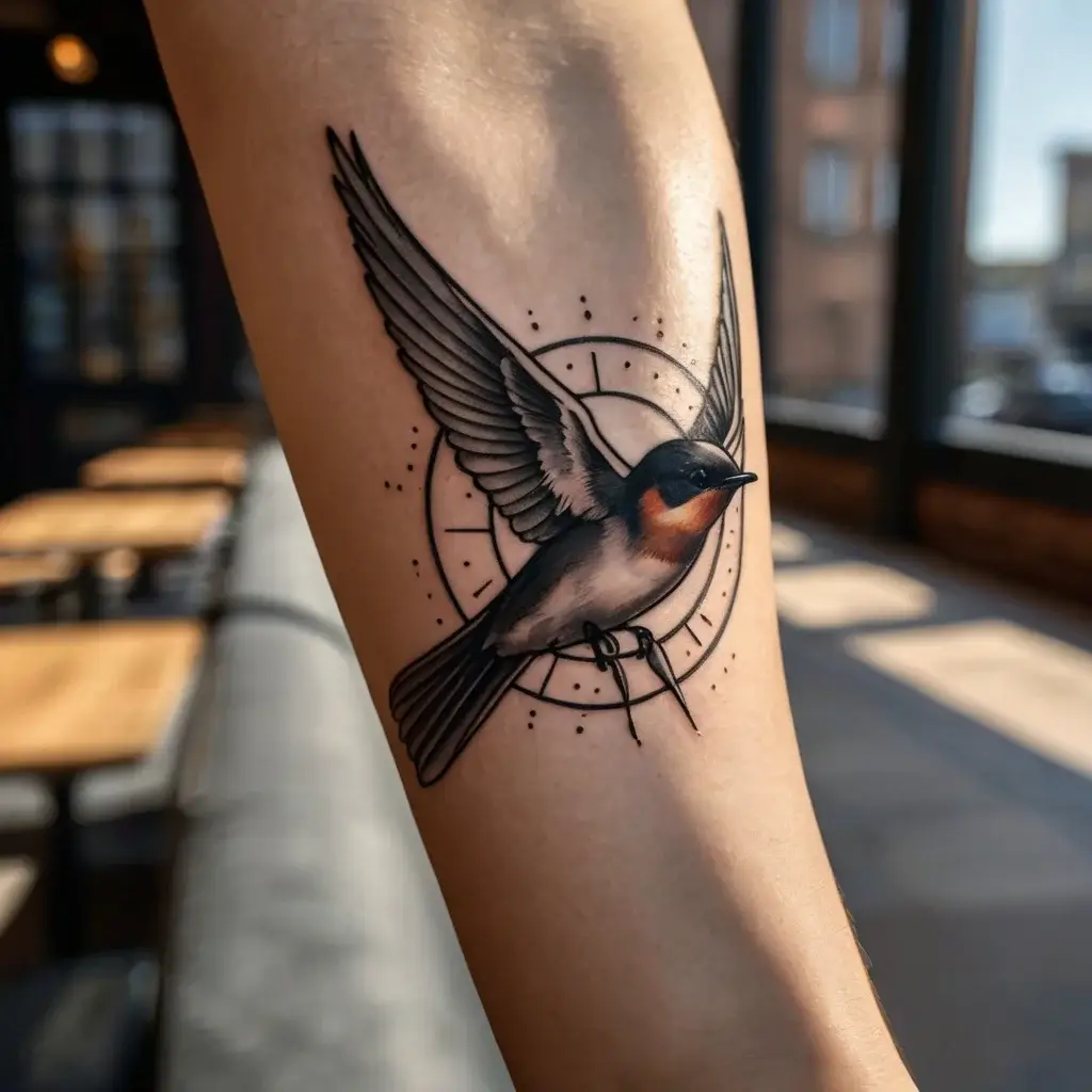 A swallow tattoo with wings spread, set against a geometric compass design, symbolizing freedom and direction.