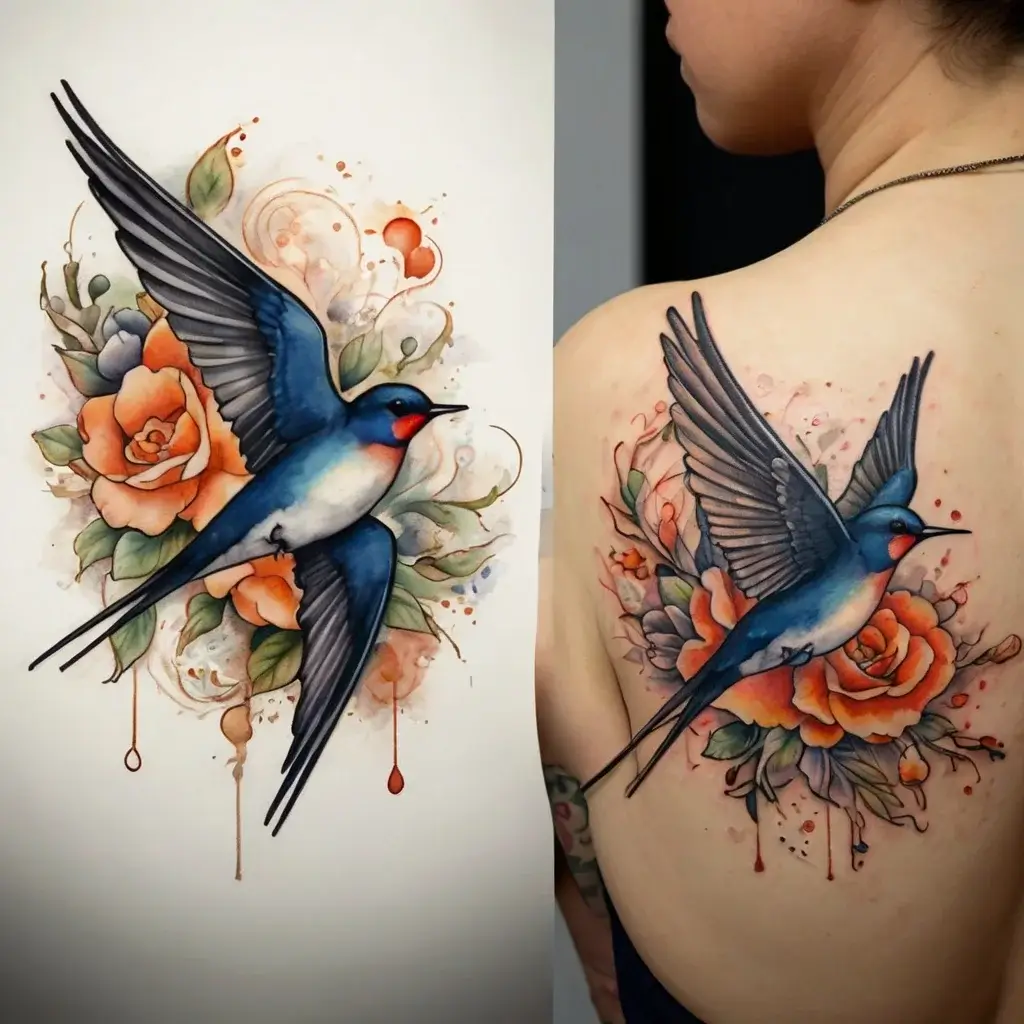 Watercolor tattoo of a vivid blue swallow soaring above orange roses, with splashes of paint creating a dynamic effect.