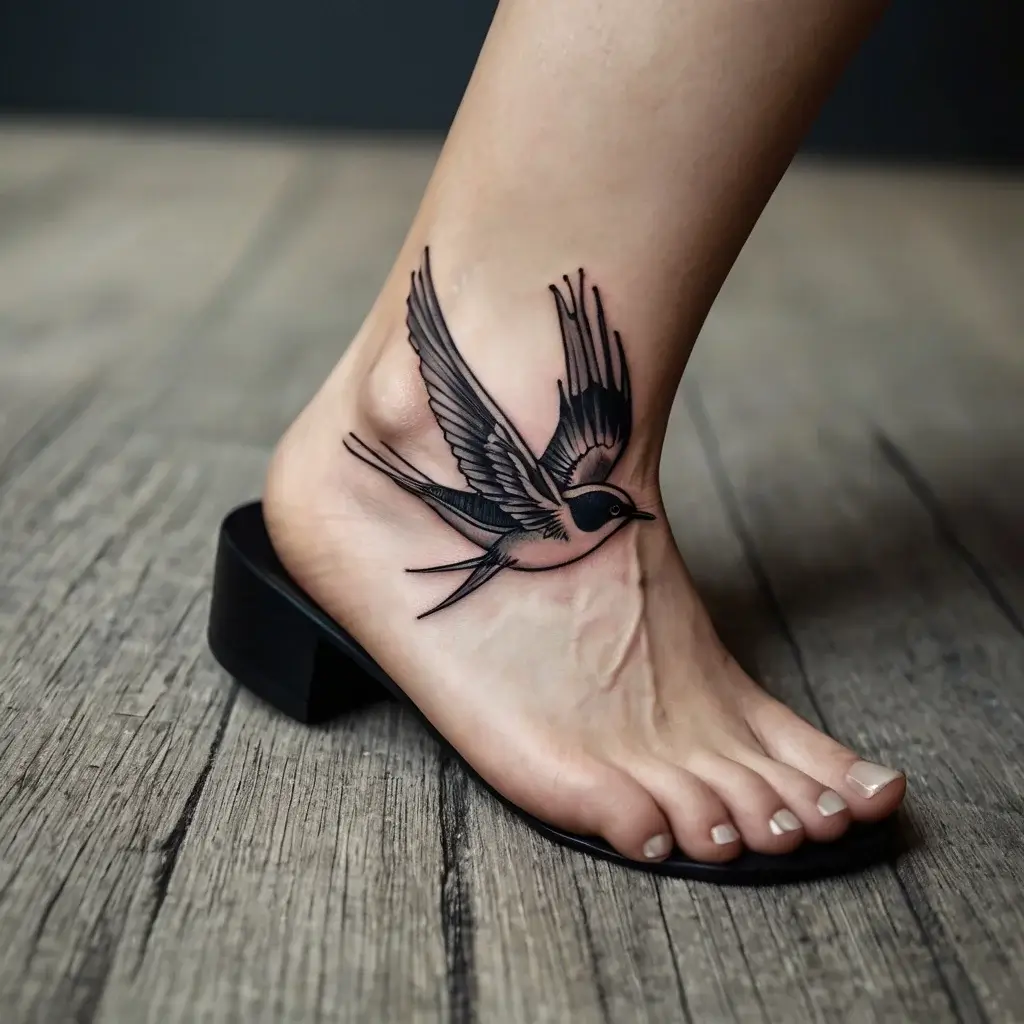 Tattoo of a black-and-grey swallow in flight on the ankle, symbolizing freedom and new beginnings.