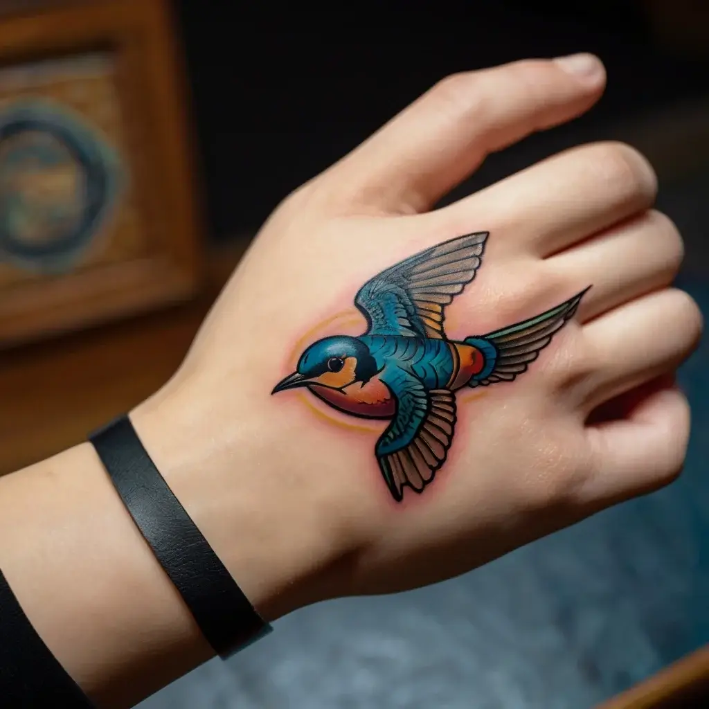 Vibrant traditional-style tattoo of a blue and orange swallow in flight, on the hand, symbolizing freedom and hope.