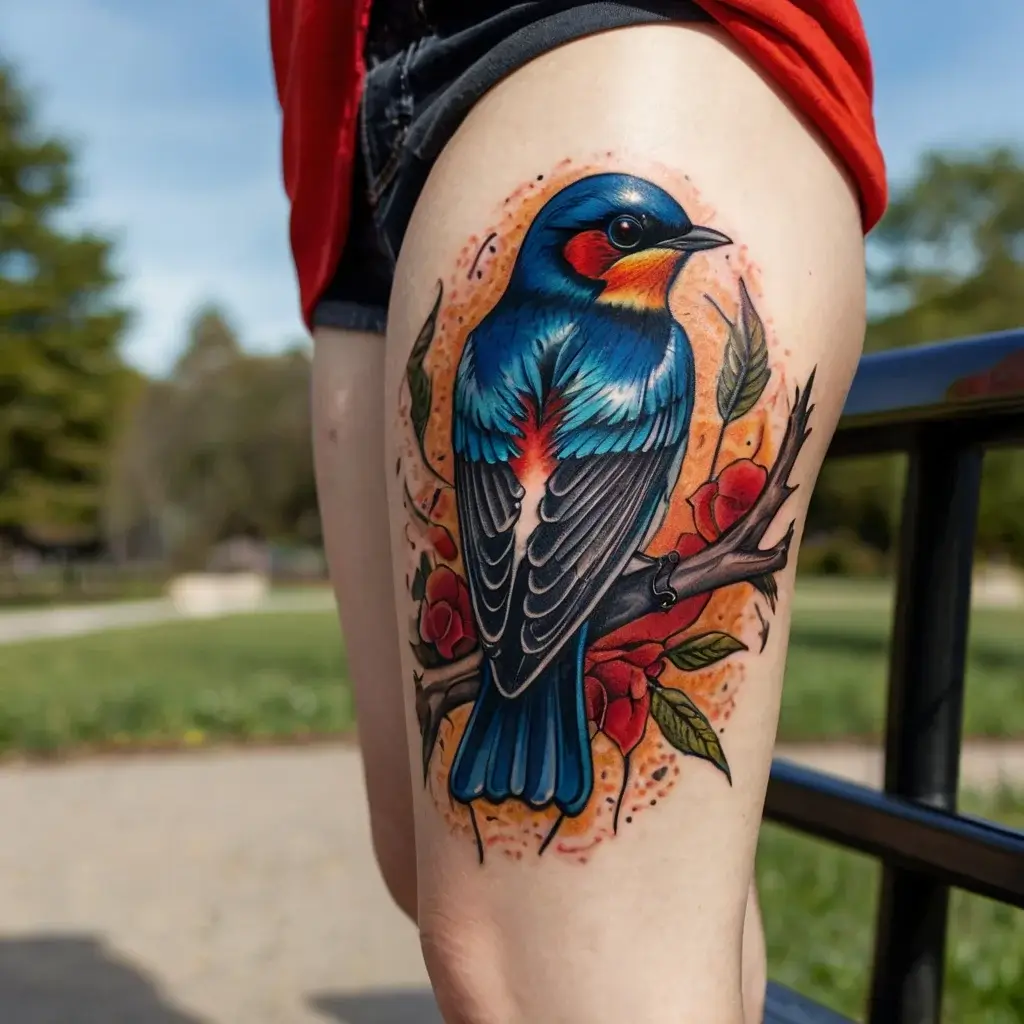 A vibrant tattoo of a bluebird perched on a branch with red flowers and green leaves on the thigh against an orange backdrop.