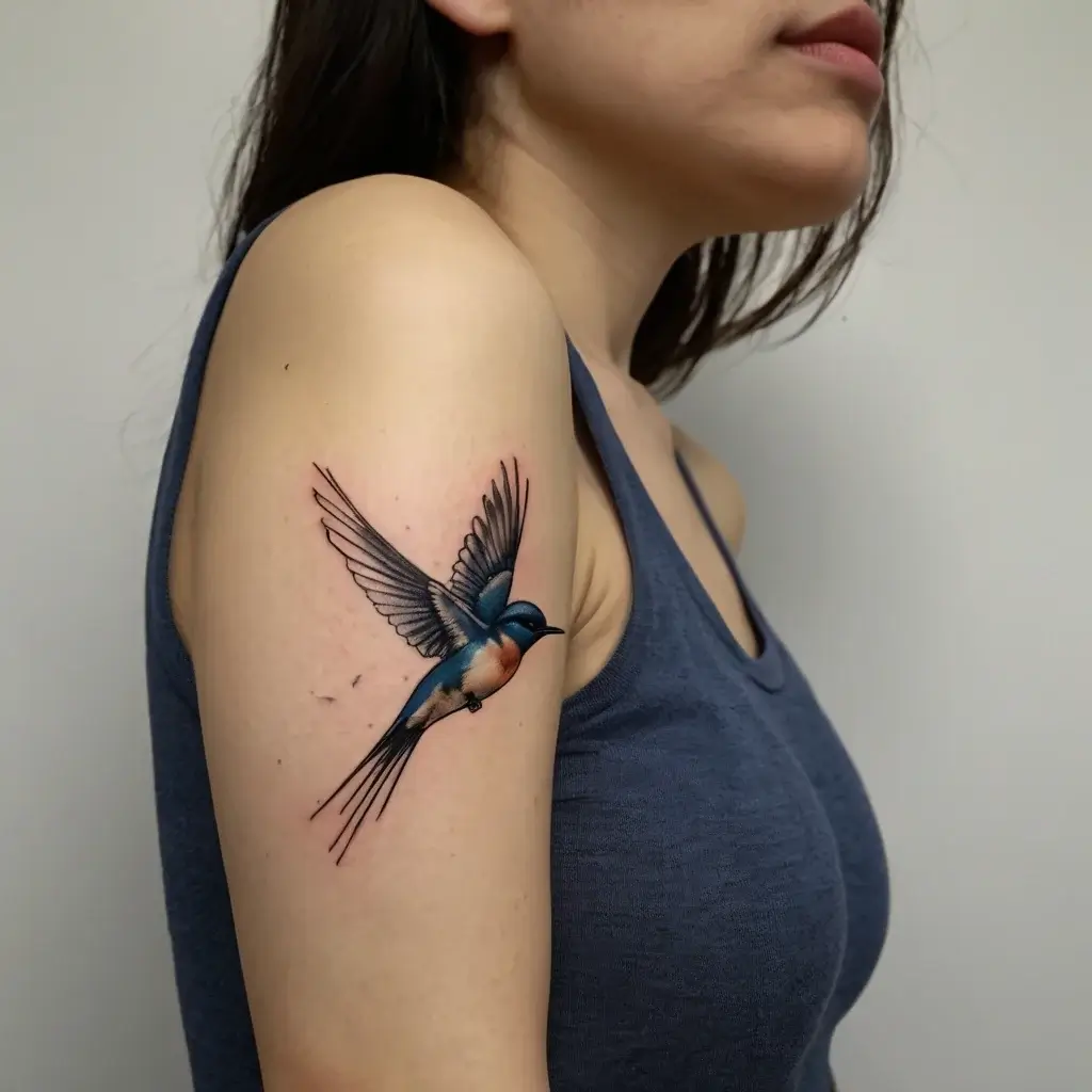 A realistic tattoo of a vibrant swallow in flight on the upper arm, showcasing detailed shading and lifelike movement.