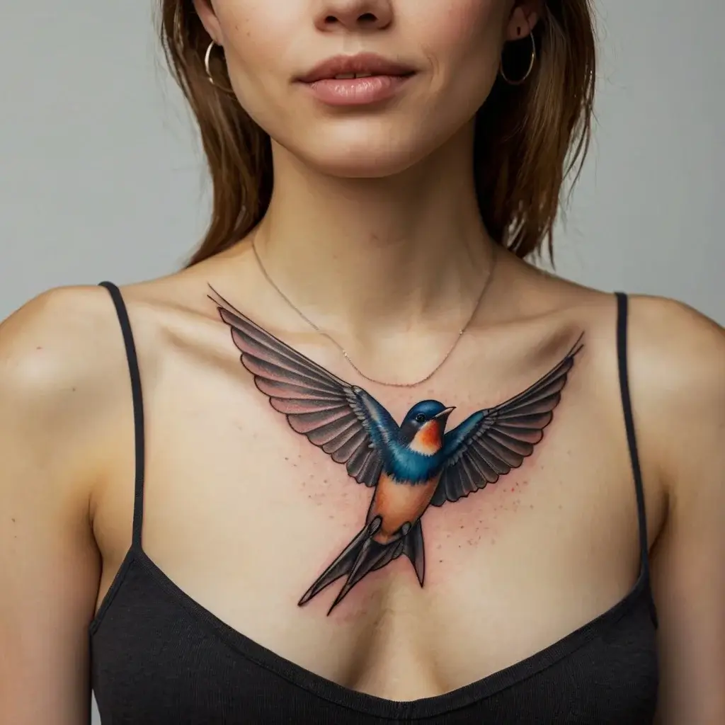 Colorful swallow tattoo on chest, wings spread wide, symbolizing freedom and adventure; vibrant blues and reds.