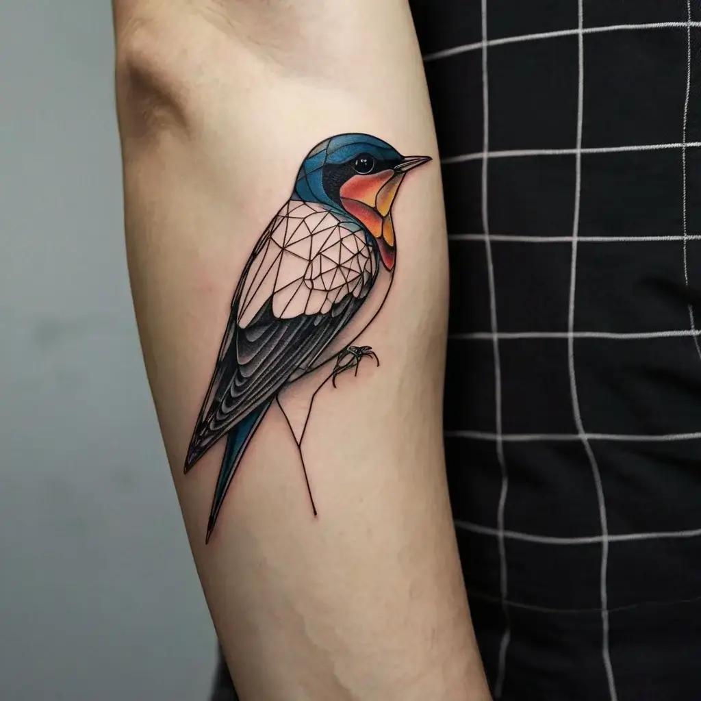 Geometric swallow tattoo with bold colors on the arm; features intricate patterns and shading.