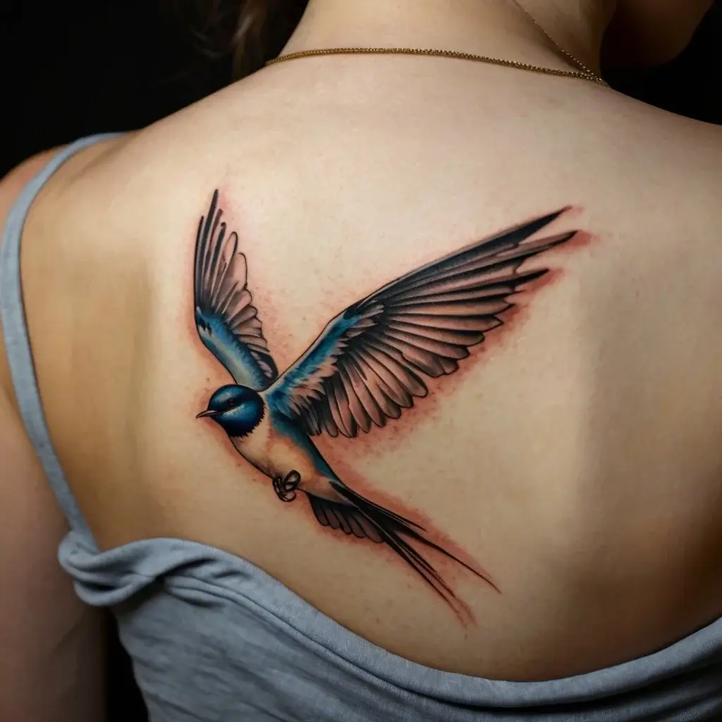 Tattoo of a vibrant, blue swallow in flight on the upper back, symbolizing freedom and safe journeys.