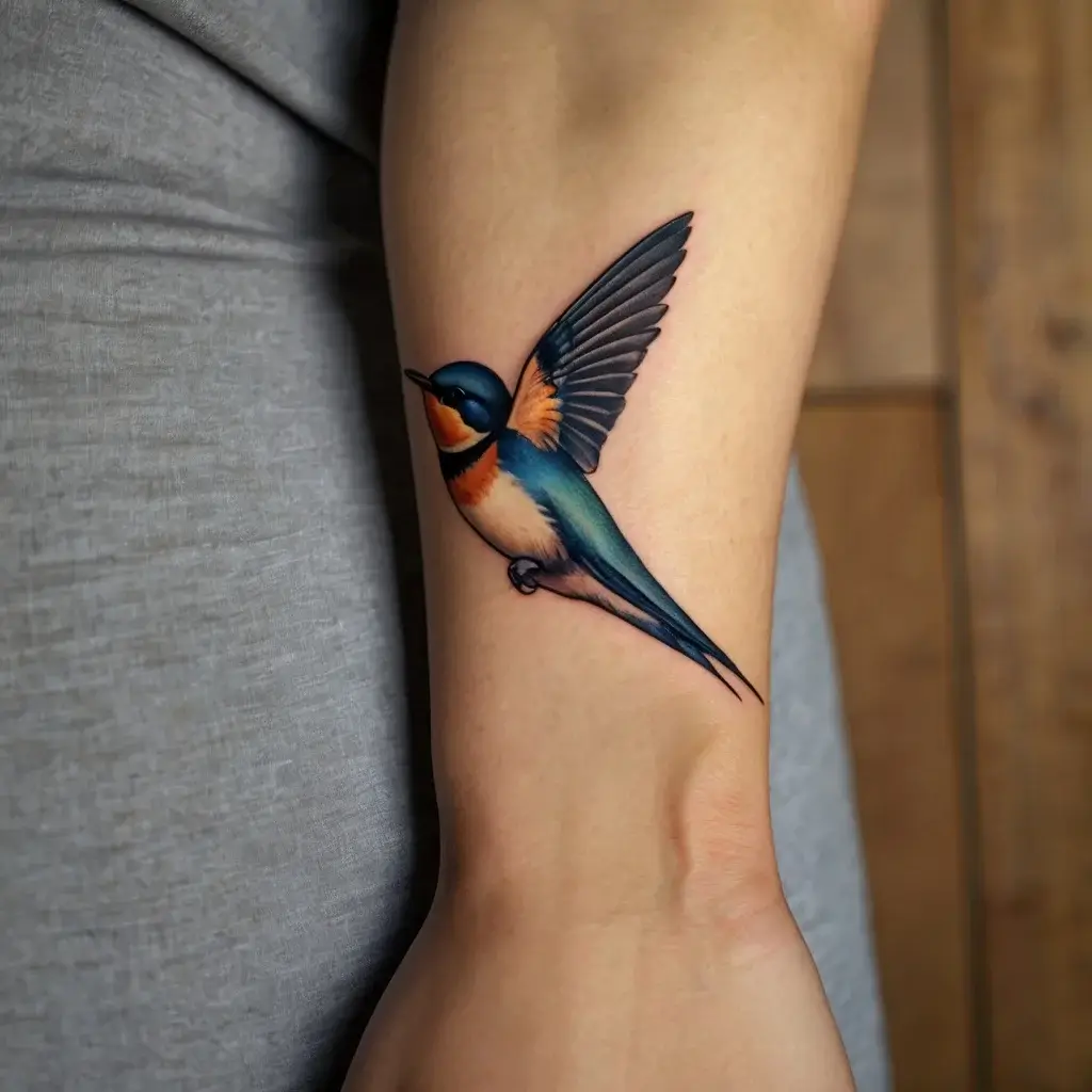 Colorful swallow tattoo on forearm, featuring vibrant blues and oranges, symbolizing freedom and new beginnings.