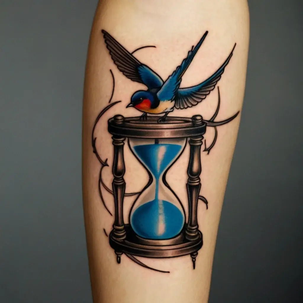 Tattoo of a swallow perched atop an hourglass with blue sand, surrounded by abstract swirls, symbolizing time and freedom.