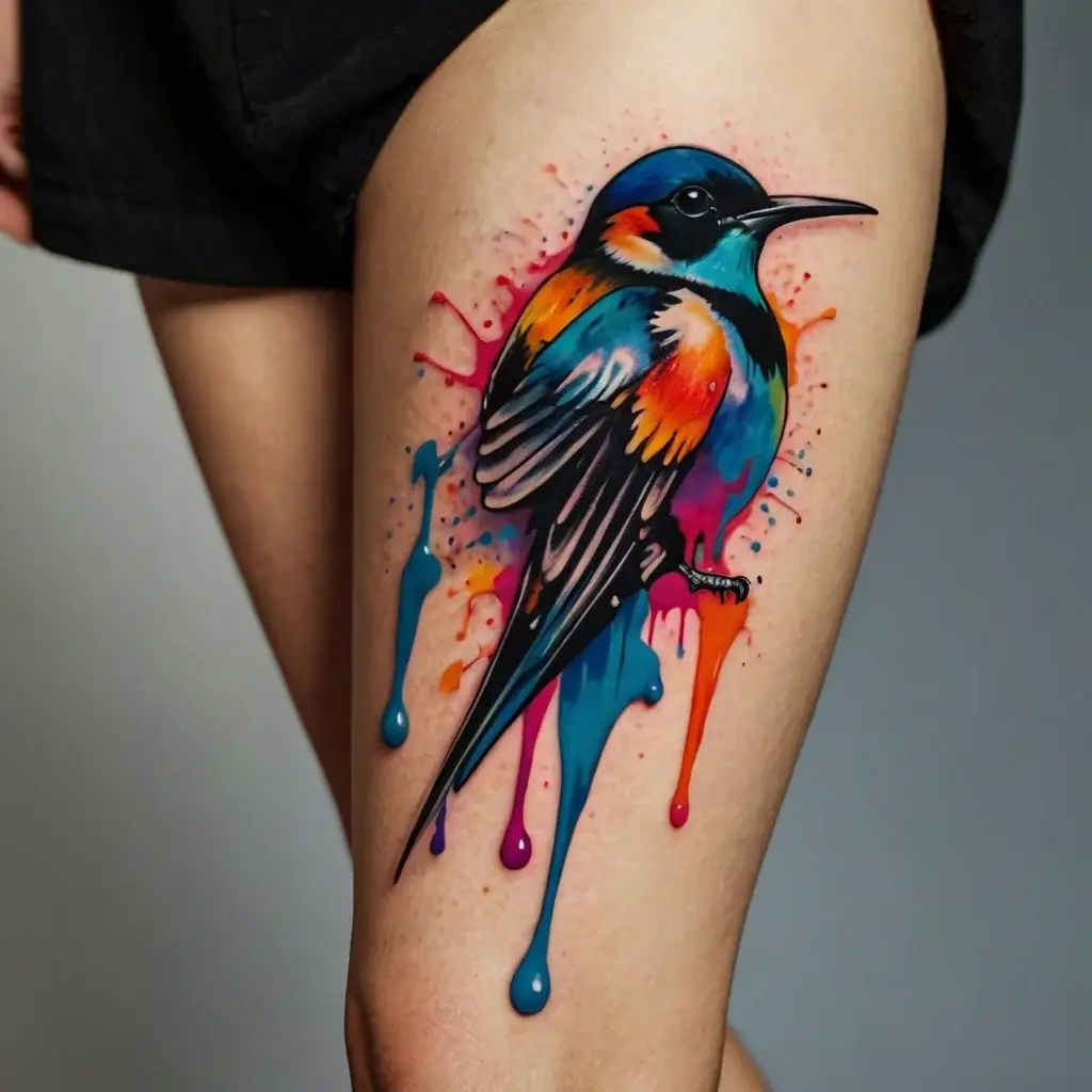 A vibrant, watercolor-style tattoo of a colorful bird surrounded by splashes of blue, pink, and orange on the thigh.