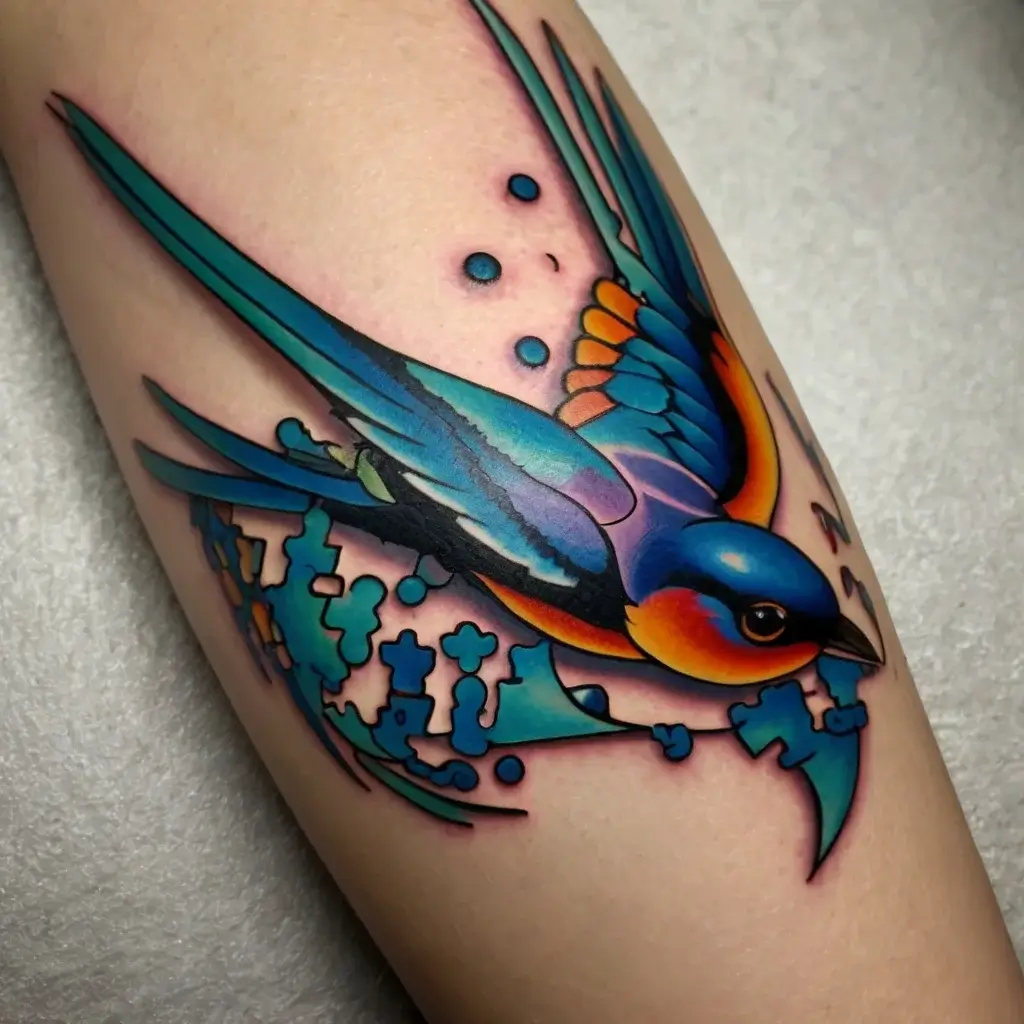 A vibrant swallow tattoo with blue, orange, and teal hues, accented by abstract geometric patterns and dots.