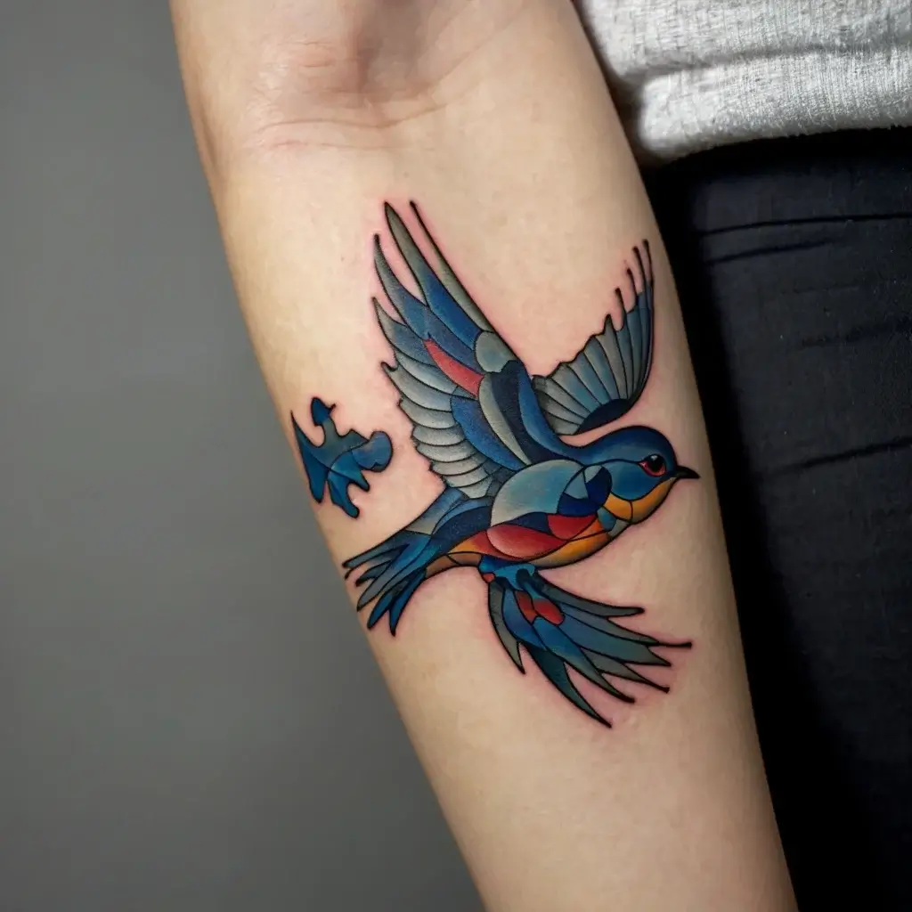 A colorful, geometric bird tattoo in flight, featuring vibrant blues and oranges, with a unique puzzle piece element.