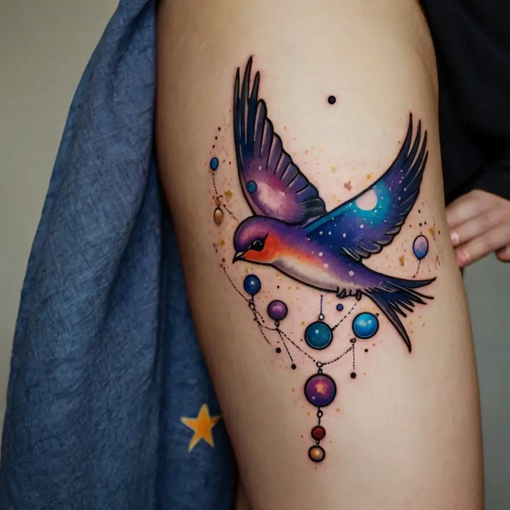 Colorful swallow tattoo with galaxy wings and spheres on thigh, featuring stars and cosmic elements.