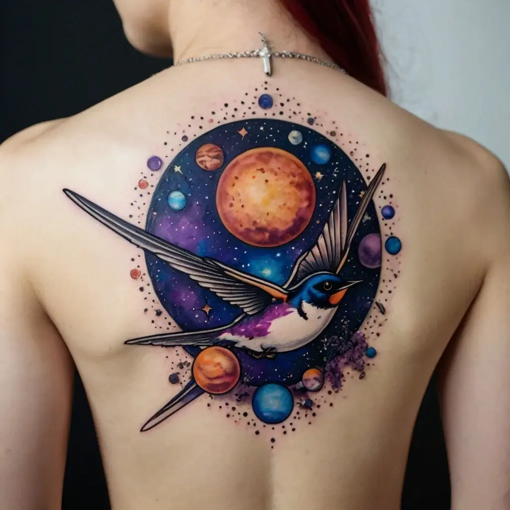 Tattoo of a vibrant swallow flying through a cosmic scene with colorful planets and stars on a person's back.